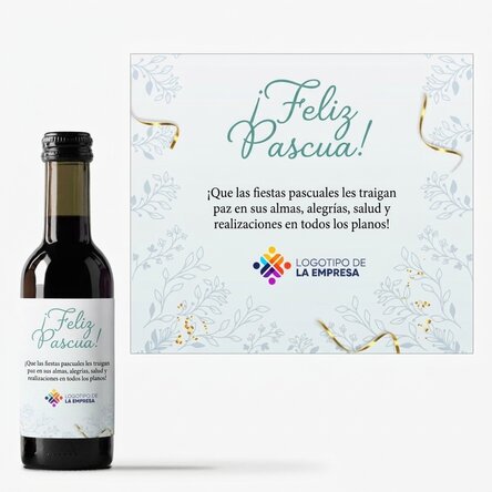Mini botella de vino personalizada con logotipo y mensaje: ¡Felices Pascuas!