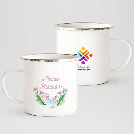 Taza metálica esmaltada personalizada con logotipo y texto: ¡Feliz Pascua!