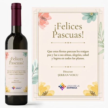 Vino personalizado con mensaje y logotipo: ¡Feliz Pascua!