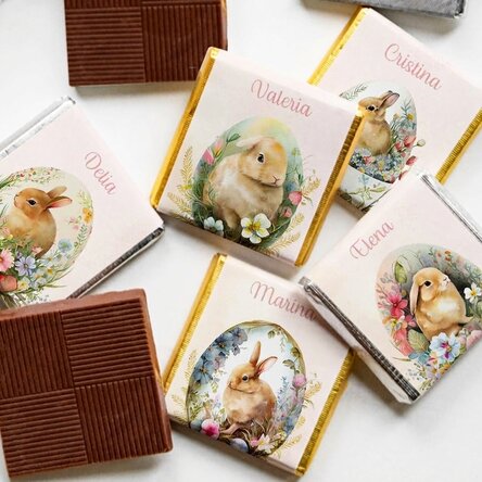 Lote de 5 minichocolates personalizados con mensaje: conejitos de Pascua