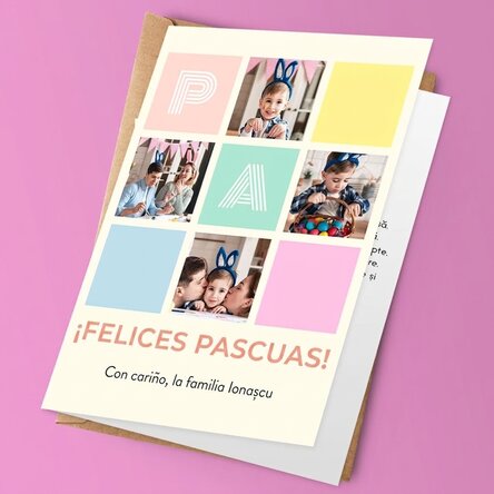 Tarjeta de felicitación personalizada con 4 fotos y un mensaje: ¡Feliz Pascua!