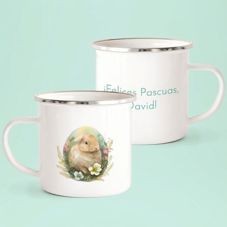 Taza metálica esmaltada personalizada con mensaje: «¡Feliz Pascua!»