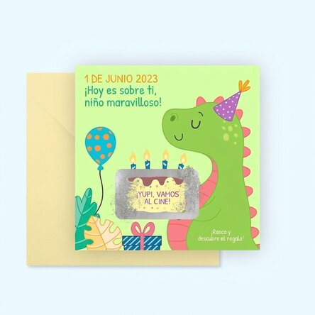 Tarjeta rasca y gana personalizada con mensaje para niños - Dino