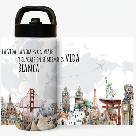 Término con asa y pajita personalizado con nombre - Viajar es la vida
