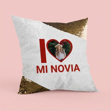 Cojín personalizado con foto y texto - «I love my girlfriend» - Lentejuelas doradas