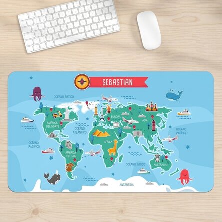 Alfombrilla de ratón XXL personalizada con nombre para niños - Mapa del mundo