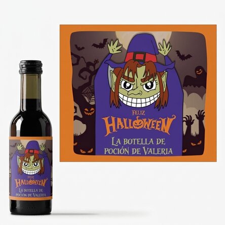 Mini botella de vino personalizada con texto: «Happy Halloween Witch»
