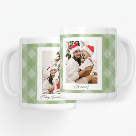 Taza personalizada con dos fotos y texto - Cuadros verdes