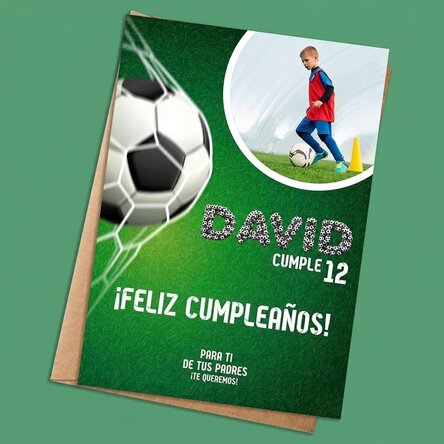 Tarjeta personalizada con una foto y un texto - Cumpleaños de fútbol