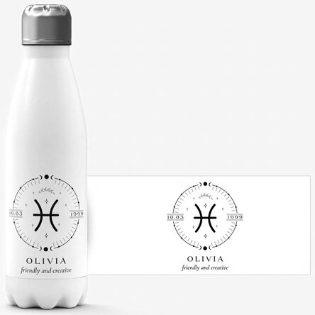 Termo con base blanca personalizado con texto y el signo del zodiaco Piscis