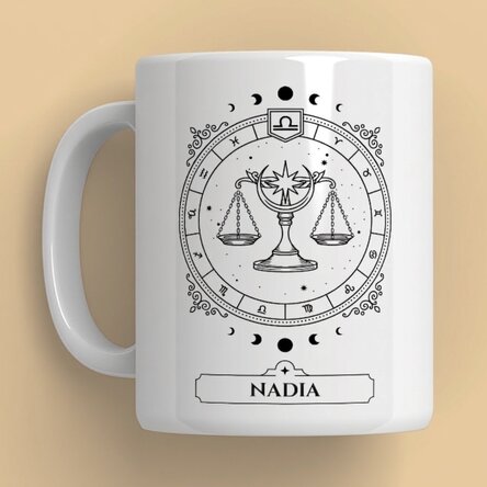 Taza personalizada con nombre y signo del zodiaco: Libra