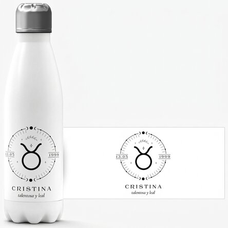 Termo con base blanca personalizado con texto y el signo del zodiaco Tauro
