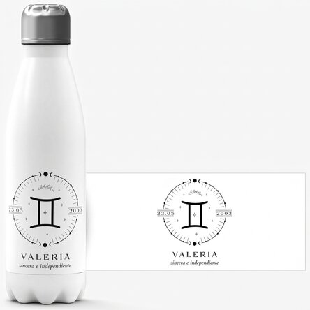 Termo con base blanca personalizado con texto y el signo del zodiaco Géminis
