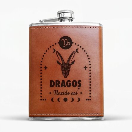 Botella de bolsillo forrada en piel, personalizada con texto y signo del zodiaco: Capricornio