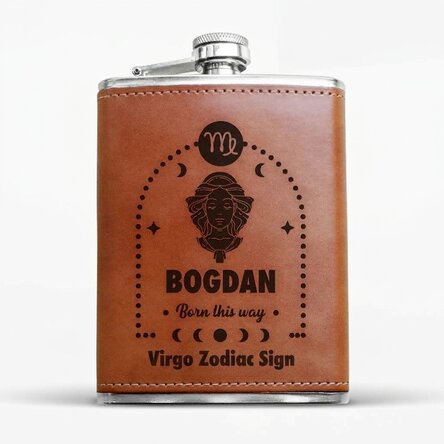 Leather-covered pocket flask personalised with text and zodiac sign - Virgo