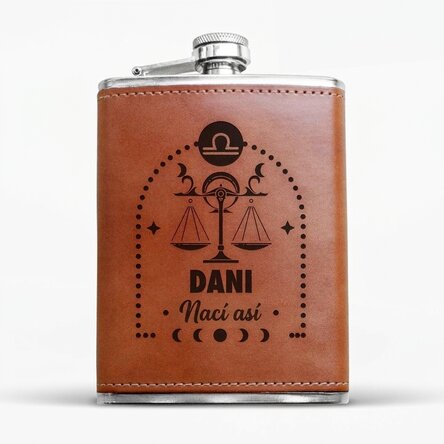 Botella de bolsillo forrada en piel, personalizada con texto y signo del zodiaco: Libra