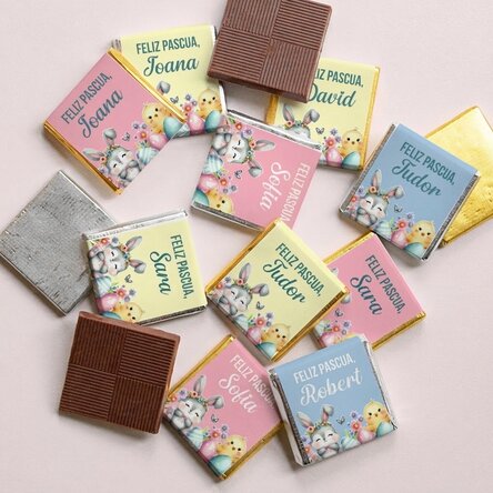 Lote de 10 minichocolates personalizados con mensaje: «¡Felices Pascuas!»