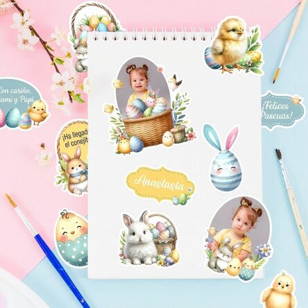 Juego de pegatinas (etiquetas autoadhesivas) personalizadas con fotos y texto: ¡Felices Pascas!