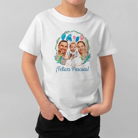 Camiseta de algodón para niños personalizada con una foto y un mensaje: «¡Feliz Pascua!».