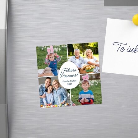 Imán personalizado de 10x10 con 4 fotos y un mensaje: «Feliz Pascua»