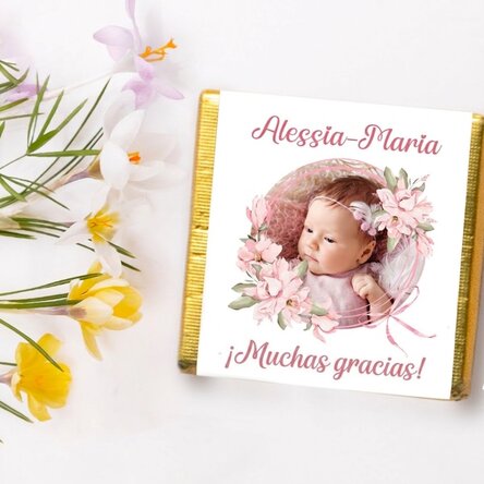 Mini bombón personalizado para bautizo con foto y texto - Rosa