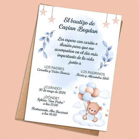 Tarjeta personalizada con texto - invitación para un bautizo - Osito