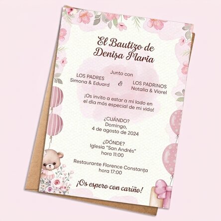 Tarjeta personalizada con texto - invitación para un bautizo - Rosa