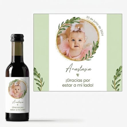 Mini botella de vino personalizada con una foto y un texto - Recuerdo de bautizo