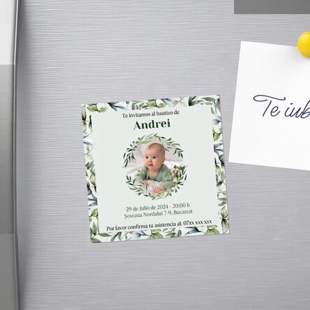 Imán de 10x10 personalizado con una foto y un texto - Invitación de bautizo