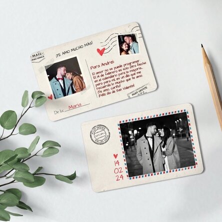 Tarjeta de aluminio personalizada por ambas caras con texto y dos fotos - Postal