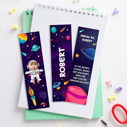 Set of 3 personalised bookmarks with photo, name and text - Galaxy