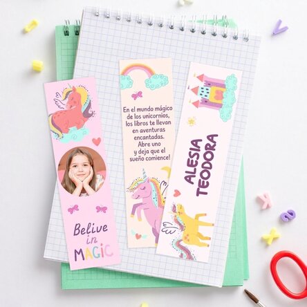 Lote de 3 marcapáginas personalizados con foto, nombre y texto - Unicornios