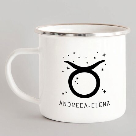 Taza metálica esmaltada personalizada con mensaje - Signo del Tauro