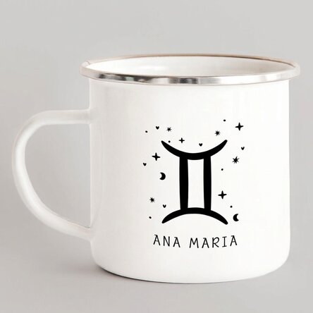 Taza metálica esmaltada personalizada con mensaje - Signo de Géminis