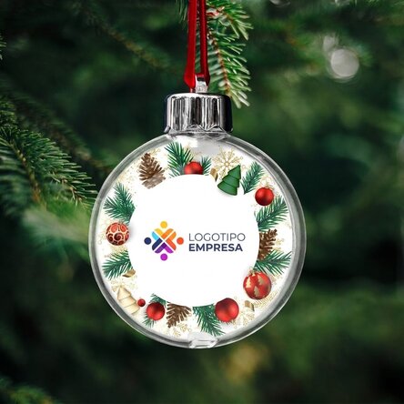 Bola de Navidad personalizada por ambos lados con logotipo y mensaje: ¡Felices fiestas!