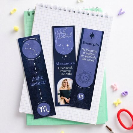 Lote de 3 marcapáginas personalizados con mensaje y foto - Signo de Escorpio