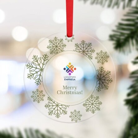 Adorno redondo personalizado con logotipo y mensaje: «¡Feliz Navidad!»