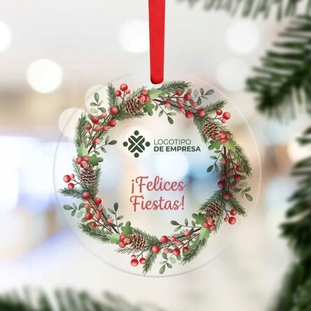 Adorno redondo personalizado con logotipo y mensaje: ¡Felices fiestas!