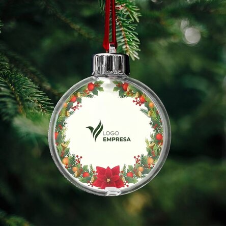 Bola de Navidad personalizada por ambos lados con logotipo y mensaje: ¡Feliz Navidad!