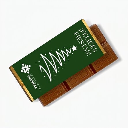 Mini tableta de chocolate personalizada con logotipo y mensaje: «Felices fiestas»