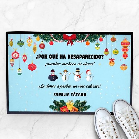 Felpudo de entrada personalizado con texto y motivo navideño: el muñeco de nieve