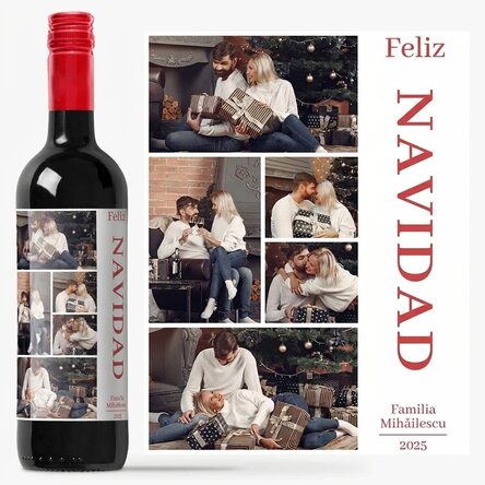 Vino personalizado con un mensaje y 5 fotos navideñas: ¡Feliz Navidad!