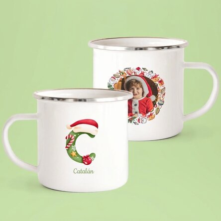 Taza esmaltada personalizada con texto y una foto - Navidad