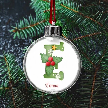 Bola de Navidad transparente personalizada por ambos lados con una foto y un mensaje: ¡Feliz Navidad