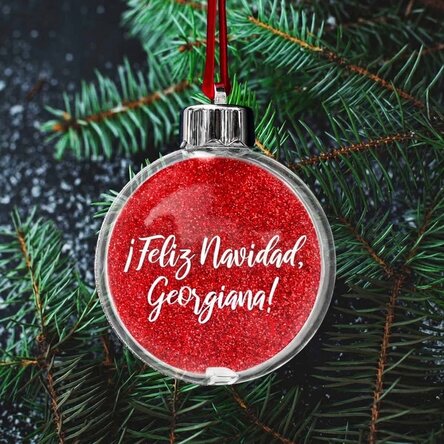Bola de Navidad transparente personalizada por ambos lados con una foto y un texto: «¡Feliz Navidad!