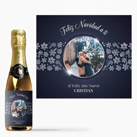 Mini botella de vino espumoso personalizada con foto y texto - Shiny Snowflakes