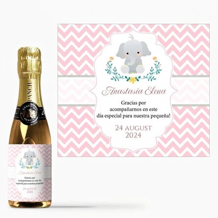 Mini botella de vino espumoso personalizada con texto para regalo de bautizo - Elefante