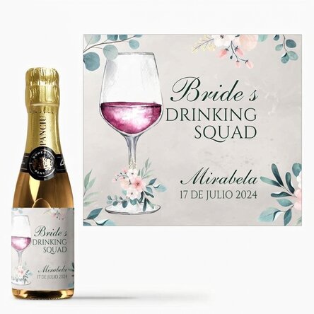 Mini botella de vino espumoso personalizada con un mensaje para la despedida de soltera