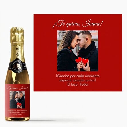 Mini botella de vino espumoso personalizada con una foto y un mensaje para tus seres queridos