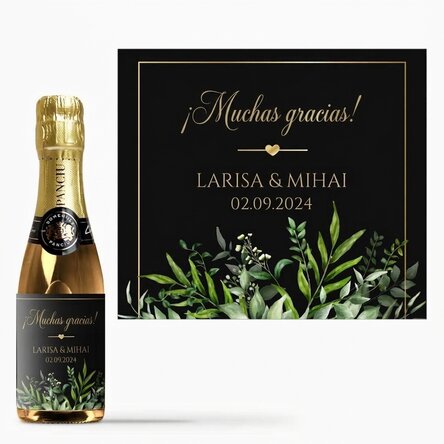 Mini botella de vino espumoso personalizada con un mensaje: «Gracias»